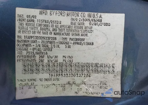 2002 Ford Taurus Se из США, поврежденный, VIN 1FAFP53232G237288